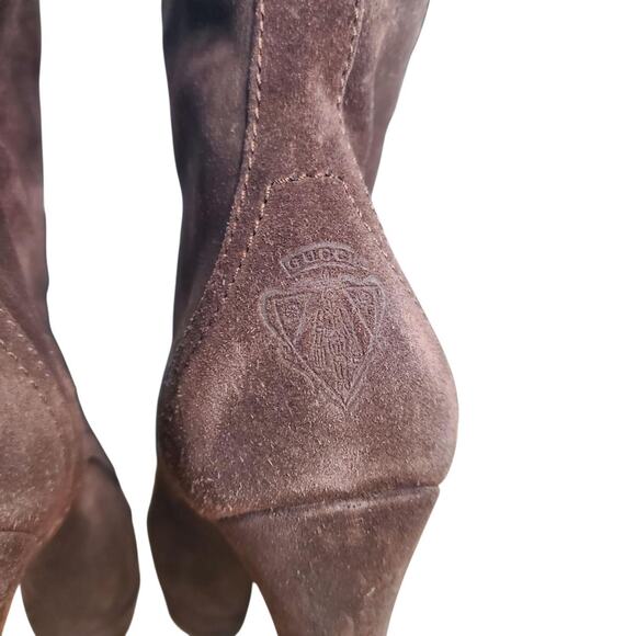 Gucci Brown Suede Heeled Ankle Boots Lined W/ Monoglian Lamb Fur - 36.5 - Picture 6 of 8